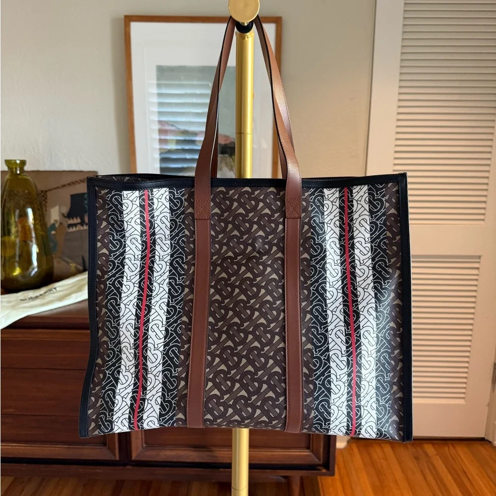 Burberry Brown Monogram Stripe Canvas Tote with White and Red Accents
